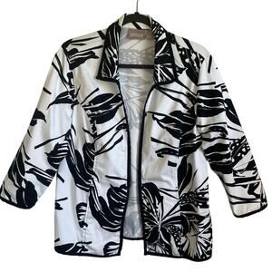 Chico’s Open Front Jacket Blazer Sz L Black White Floral Pockets Shabby Chic